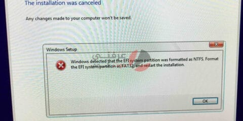 حل مشكلة Windows detected that the EFI system partition was formatted as NTFS